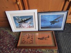 2 Framed and glazed aviation prints and wall clock