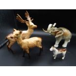 Royal Dux elephant, Beswick dog a/f, 2 deer a/f