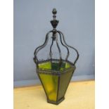 Metal lantern with coloured glass H74cm approx
