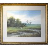 Bank, watercolour of ducks in marshland scene, glazed and framed