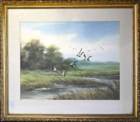 Bank, watercolour of ducks in marshland scene, glazed and framed