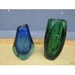 2 Heavy glass art vases. Largest H15cm approx