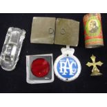 Various collectables inc RAC badge (plastic) Crowns and a one pound note, brass star topper