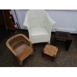 Child's wicker chair, Lloyd Loom style chair, small rush seat stool and a side table with bird