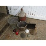 Galvanised bucket, fuel can and funnels etc