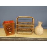 Wicker magazine rack, hand painted wooden bin and wicker covered vase
