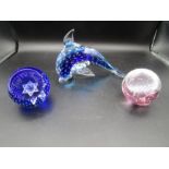 Murano glass dolphin and 2 paperweights