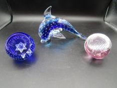 Murano glass dolphin and 2 paperweights