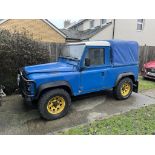 1992 Land Rover Defender, SWB pickup, blue complete with spare wheels and a heavy duty winch in