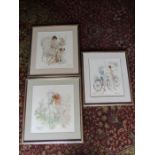 3 Needlework pictures of ladies in gilt frames. Largest 52cm x 56cm approx