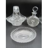 Cut glass basket, donut decanter and glass dish