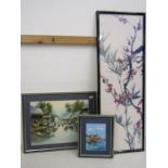 2 oil paintings and an Oriental blossom print