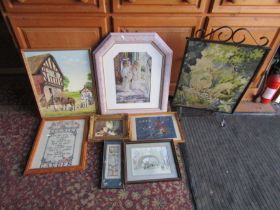 Framed oil on board, wrought iron tapestry fire screen, oriental tapestry's and prints etc