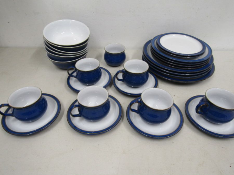 Denby tableware in midnight blue comprising 6 cups and saucers,4 dinner plates, 4 side plates, 6