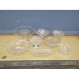 Glass cake stand, serving bowls and rose bowl etc