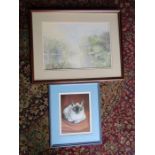 After Raymon Guix Cherta cat print signed in margin and watercolour of a lake scene signed P.