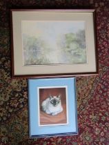 After Raymon Guix Cherta cat print signed in margin and watercolour of a lake scene signed P.