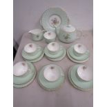 Minton tea set for 6 pale green with floral detail chip on teapot