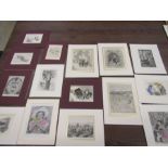 A collection of etchings, all mounted and some hand coloured