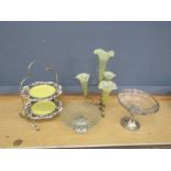 Vintage glass 5 bud vase on stand, cake stand and 2 serving dishes on stands