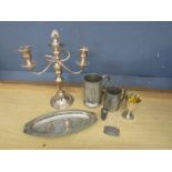 Plated candelabra, 2 pewter tankards and decanter label etc