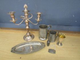 Plated candelabra, 2 pewter tankards and decanter label etc