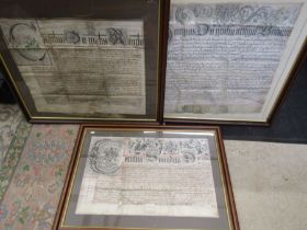 George 1st (1714-1727) Charles 2nd (1660-1685)illustrated deeds on vellum all framed and glazed