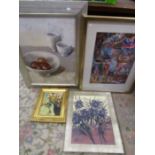 4 framed pictures, 3 oil and 1 print