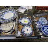 A quantity of blue and white ceramics inc meat plate and platters