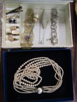 Cuff links, pearls, hat pins and 2 fine bracelets