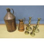 Copper jug, bottle and brass candlesticks