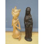 2 Wooden statues of a Priestess and Mary H38cm approx