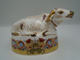 Royal Crown Derby Water Buffalo paperweight with gold stopper, signed to base by artist Cheryl