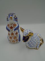 Royal Crown Derby chipmunk and lamb paperweights with gold stoppers