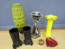 Coloured glass vases and paperweight etc