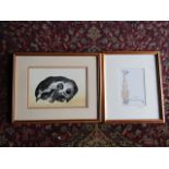 Brenda Leach 'Mother Love' watercolour, signed bottom right and pencil signed cat print, both framed