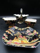 Royal Winton Grimwades Oriental 4 piece set hand painted 2 chips under trinket dish