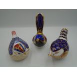3 Royal Crown Derby bird paperweights with gold stoppers to include Wren, Goldcrest and