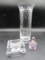 William Yeoward crystal salt dish/bowl, Dartington ripple vase and a pink perfume bottle