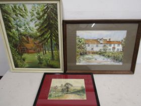 Oswald oil on board and 2 watercolours one of a landscape (signed) and one of a mill (unsigned)