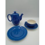 Moorcroft 'powder blue' teapot and trio of cup, saucer and plate, with impressed marks to base