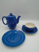 Moorcroft 'powder blue' teapot and trio of cup, saucer and plate, with impressed marks to base