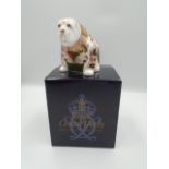 Royal Crown Derby Harrods Bulldog paperweight with silver stopper, approx 8.5cm tall, boxed - note
