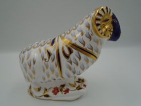 Royal Crown Derby Ram Paperweight with gold stopper, approx 14cm tall x 16cm long