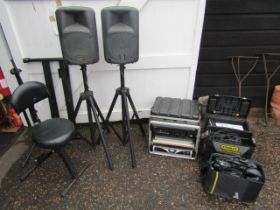 Music mixing equipment to include amp, CD player, mixing deck, speakers and stands etc
