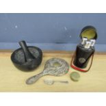 Granite pestle and mortar, hallmarked silver spoon and mirror etc