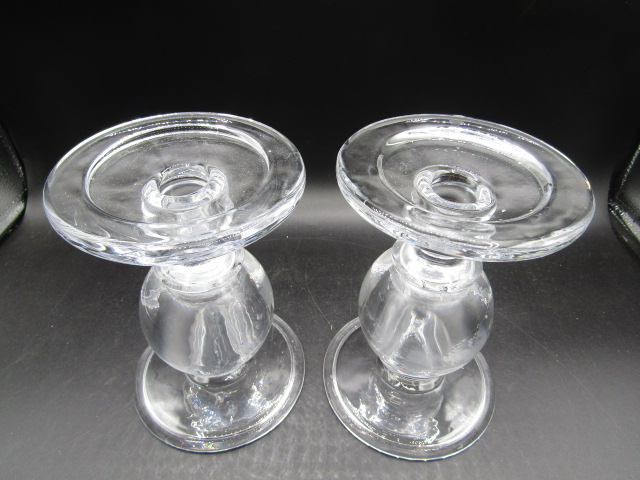 Pair heavy glass candle stands - Image 2 of 2