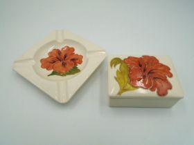 Moorcroft hibiscus flower on a cream background trinket box with lid and ashtray, impressed marks to