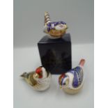 3 Royal Crown Derby bird paperweights to incl Goldfinch with gold stopper, Wren with gold stopper,