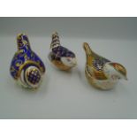 3 Royal Crown Derby bird paperweights with gold stoppers - Wye Blue Tit,  Collectors Guild Firecrest